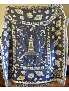 Reversible Nautical Lighthouse and Shell Pattern Throw Blanket